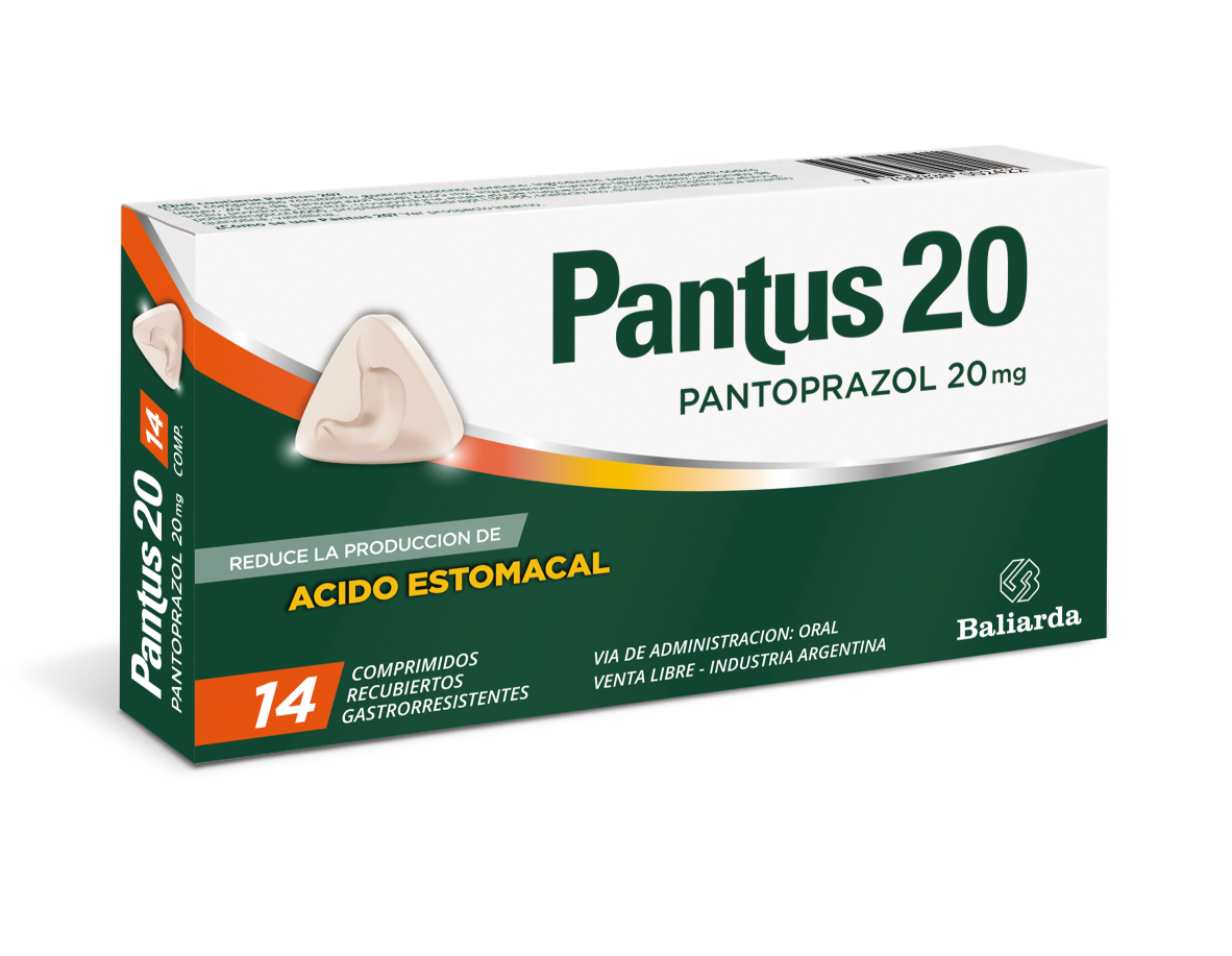 Estuche de Pantus 20 con pantoprazol 20 miligramos para el tratamiento de acidez y reflujo